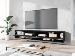 Mueble de TV moderno 180 cm – cuerpo negro mate, frentes MDF roble wotan negro en espiga, sin tiradores, de pie o colgante