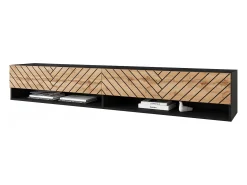 Mueble de TV moderno 180 cm – cuerpo negro mate, frentes MDF roble wotan negro en espiga, sin tiradores, de pie o colgante
