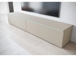 Mueble de TV moderno 180 cm para salón con LED – 2 puertas, sin tiradores, beige cachemir mate, de pie o suspendido