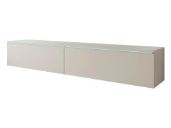 Mueble de TV moderno 180 cm para salón con LED – 2 puertas, sin tiradores, beige cachemir mate, de pie o suspendido
