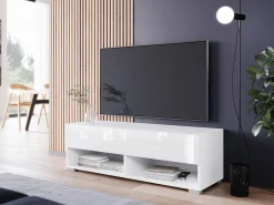 Mueble de TV moderno 100 cm – sin tiradores, cuerpo blanco mate, frentes blanco brillo, de pie o colgante