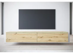 Mueble de TV moderno 180 cm para salón con LED – 2 puertas, sin tiradores, roble artisan, de pie o suspendido