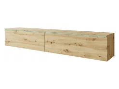 Mueble de TV moderno 180 cm para salón con LED – 2 puertas, sin tiradores, roble artisan, de pie o suspendido