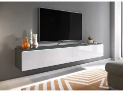 Mueble de TV moderno 180 cm para salón – 2 puertas, sin tiradores, mate + brillo, para colocar o colgar, matera / blanco brillo