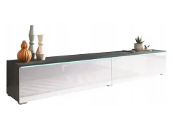 Mueble de TV moderno 180 cm para salón – 2 puertas, sin tiradores, mate + brillo, para colocar o colgar, matera / blanco brillo