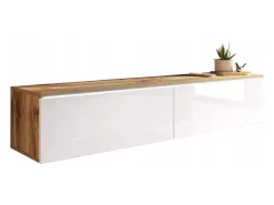 Mueble de TV moderno 140 cm para salón – 2 puertas sin tiradores, cuerpo roble wotan mate / frentes blanco brillo, de pie o colgante