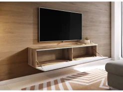 Mueble de TV moderno 140 cm para salón – 2 puertas sin tiradores, cuerpo roble wotan mate / frentes blanco brillo, de pie o colgante
