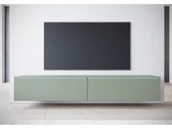 Mueble de TV moderno 180 cm para salón con LED – 2 puertas, sin tiradores, verde bruma, de pie o suspendido