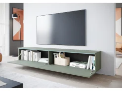 Mueble de TV moderno 180 cm para salón con LED – 2 puertas, sin tiradores, verde bruma, de pie o suspendido
