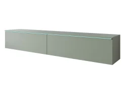 Mueble de TV moderno 180 cm para salón con LED – 2 puertas, sin tiradores, verde bruma, de pie o suspendido