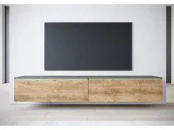 Mueble de TV moderno 180 cm para salón – 2 puertas, sin tiradores, acabado mate, para colocar o colgar, matera / castaño breslau