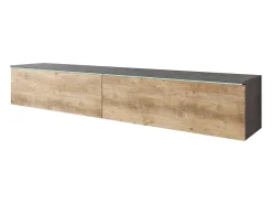 Mueble de TV moderno 180 cm para salón – 2 puertas, sin tiradores, acabado mate, para colocar o colgar, matera / castaño breslau