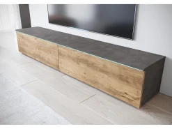 Mueble de TV moderno 180 cm para salón – 2 puertas, sin tiradores, acabado mate, para colocar o colgar, matera / castaño breslau