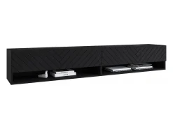 Mueble de TV moderno 180 cm – cuerpo mate, frentes MDF en espiga, sin tiradores, de pie o colgante, color grafito negro mate