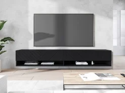 Mueble de TV moderno 180 cm – cuerpo mate, frentes MDF en espiga, sin tiradores, de pie o colgante, color grafito negro mate