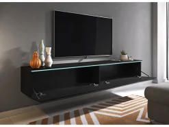 Mueble de TV moderno 180 cm para salón – 2 puertas, sin tiradores, acabado mate, para colocar o colgar, grafito negro