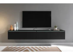 Mueble de TV moderno 180 cm para salón – 2 puertas, sin tiradores, acabado mate, para colocar o colgar, grafito negro