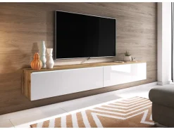 Mueble de TV moderno 180 cm para salón con LED – 2 puertas, sin tiradores, cuerpo roble wotan, frentes blanco brillo, de pie o suspendido