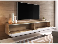 Mueble de TV moderno 180 cm para salón con LED – 2 puertas, sin tiradores, cuerpo roble wotan, frentes blanco brillo, de pie o suspendido
