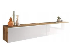 Mueble de TV moderno 180 cm para salón con LED – 2 puertas, sin tiradores, cuerpo roble wotan, frentes blanco brillo, de pie o suspendido