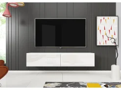 Mueble de TV moderno 140 cm para salón – 2 puertas sin tiradores, cuerpo blanco mate / frentes blanco brillo, de pie o colgante