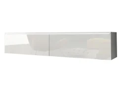 Mueble de TV moderno 140 cm para salón – 2 puertas sin tiradores, cuerpo blanco mate / frentes blanco brillo, de pie o colgante