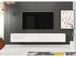 Mueble de TV moderno 180 cm para salón – 2 puertas, sin tiradores, mate + brillo, para colocar o colgar, blanco / blanco brillo