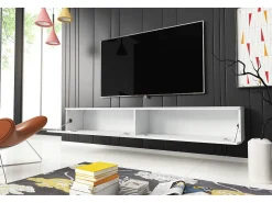 Mueble de TV moderno 180 cm para salón – 2 puertas, sin tiradores, mate + brillo, para colocar o colgar, blanco / blanco brillo
