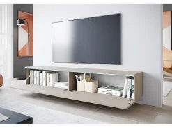 Mueble de TV moderno 180 cm para salón – 2 puertas, sin tiradores, acabado mate, para colocar o colgar, beige cachemira