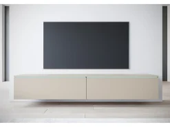 Mueble de TV moderno 180 cm para salón – 2 puertas, sin tiradores, acabado mate, para colocar o colgar, beige cachemira