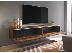Mueble de TV moderno 180 cm para salón con LED – 2 puertas, sin tiradores, old style mate, de pie o suspendido
