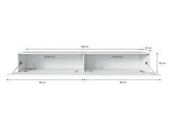Mueble de TV moderno 180 cm con LED para salón – 2 puertas, sin tiradores, blanco mate, de pie o suspendido, frentes MDF onda