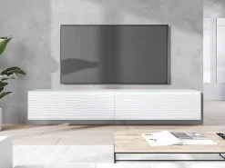 Mueble de TV moderno 180 cm con LED para salón – 2 puertas, sin tiradores, blanco mate, de pie o suspendido, frentes MDF onda