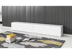 Mueble de TV moderno 180 cm para salón con LED – 2 puertas, sin tiradores, cuerpo blanco mate, frentes blanco brillo, de pie o suspendido