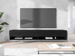 Mueble de TV moderno 180 cm – cuerpo mate, frentes MDF con ondas, sin tiradores, de pie o colgante, color grafito negro mate