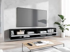 Mueble de TV moderno 180 cm – cuerpo mate, frentes MDF con ondas, sin tiradores, de pie o colgante, color grafito negro mate