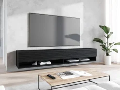 Mueble de TV moderno 180 cm – cuerpo mate, frentes MDF con ondas, sin tiradores, de pie o colgante, color grafito negro mate