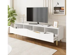 Mueble de TV moderno 180 x 40 x 50 cm con LEDs - patas de metal dorado - frente de cristal y 4 cajones - MDF - blanco