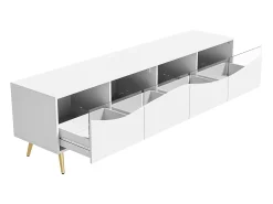 Mueble de TV moderno 180 x 40 x 50 cm con LEDs - patas de metal dorado - frente de cristal y 4 cajones - MDF - blanco
