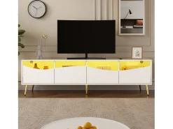 Mueble de TV moderno 180 x 40 x 50 cm con LEDs - patas de metal dorado - frente de cristal y 4 cajones - MDF - blanco