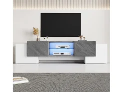 Mueble de TV moderno blanco y gris, 4 compartimentos, vidrio y MDF (180 x 40 x 46,5 cm)