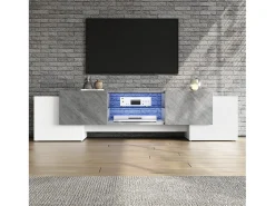 Mueble de TV moderno blanco y gris, 4 compartimentos, vidrio y MDF (180 x 40 x 46,5 cm)