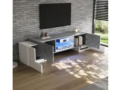 Mueble de TV moderno blanco y gris, 4 compartimentos, vidrio y MDF (180 x 40 x 46,5 cm)