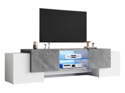 Mueble de TV moderno blanco y gris, 4 compartimentos, vidrio y MDF (180 x 40 x 46,5 cm)