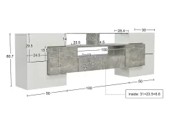 Mueble de TV moderno con 4 puertas, 2 cajones y 2 nichos - Acabado blanco brillo - LEDs - Largo 200cm - Color gris