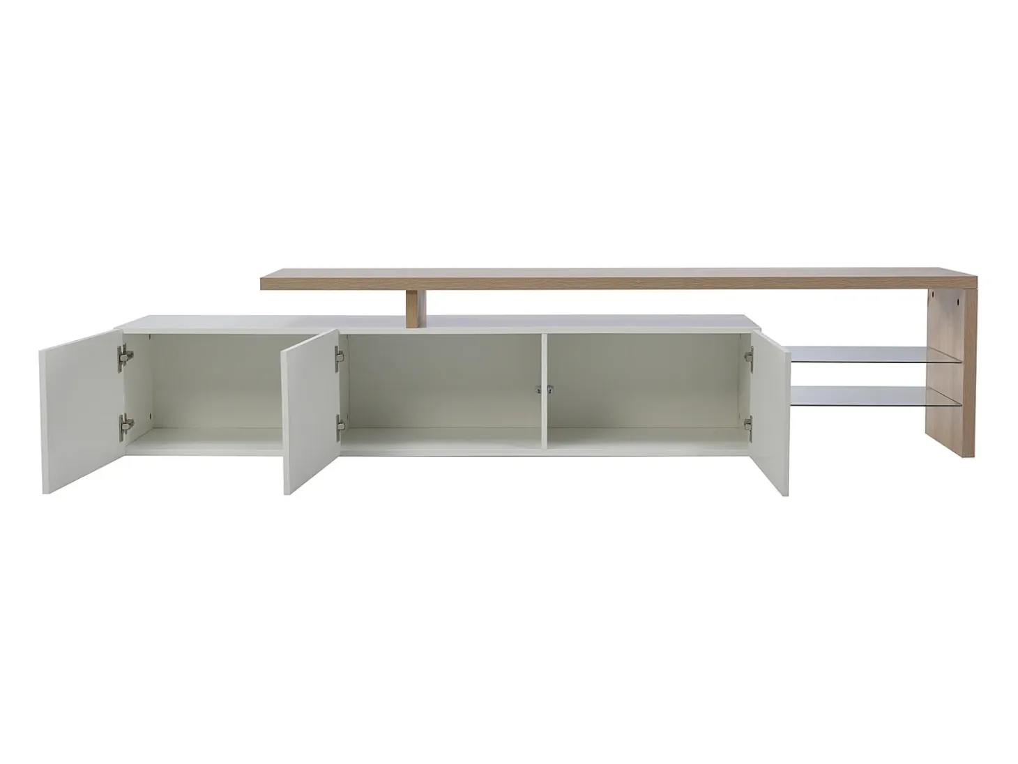 Mueble de TV moderno con luces LED regulables, 3 puertas y estantes de cristal - Blanco