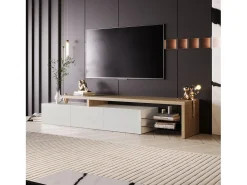 Mueble de TV moderno con luces LED regulables, 3 puertas y estantes de cristal - Blanco