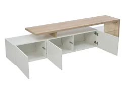 Mueble de TV moderno con luces LED regulables, 3 puertas y estantes de cristal - Blanco