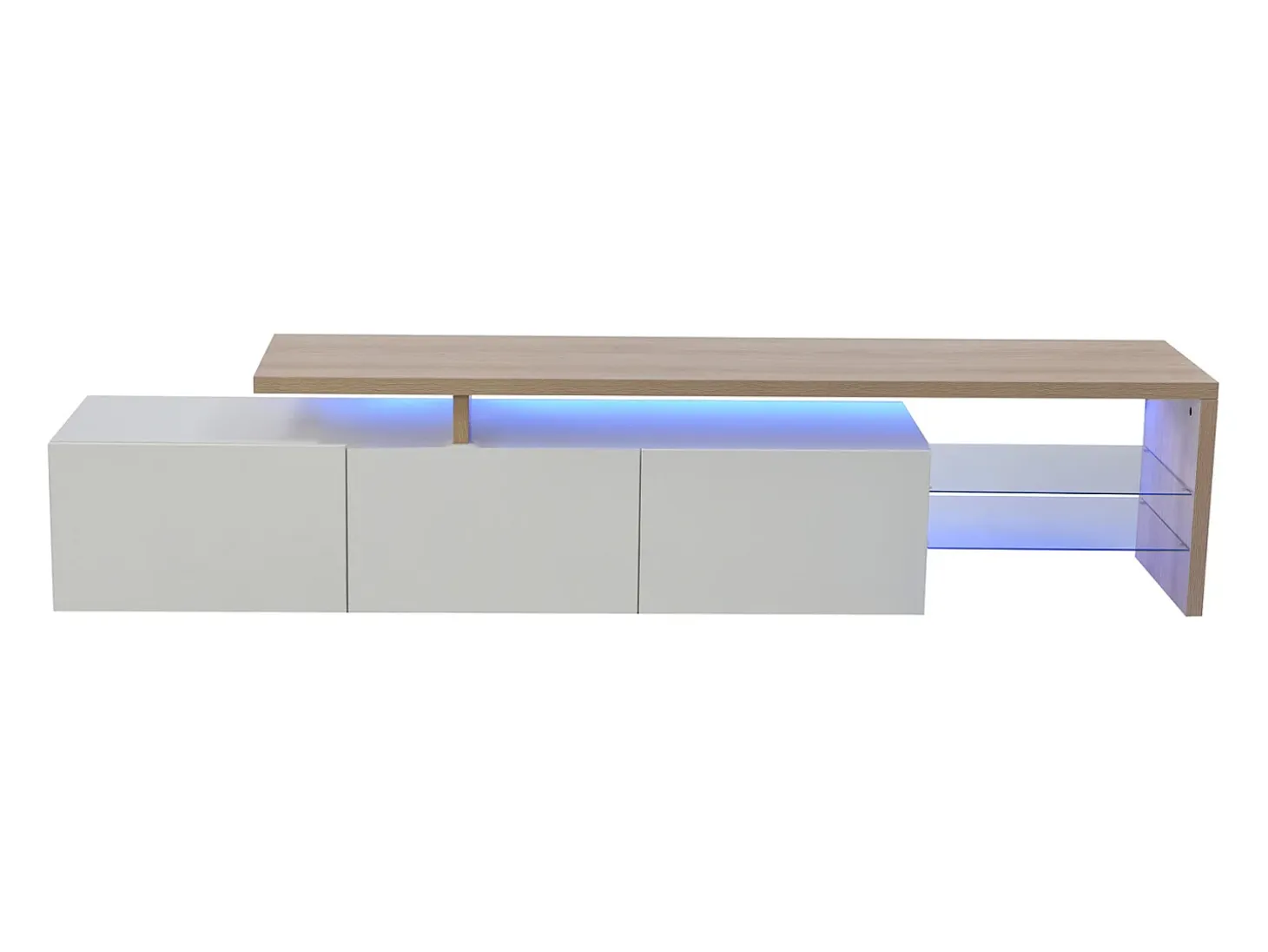 Mueble de TV moderno con luces LED regulables, 3 puertas y estantes de cristal - Blanco