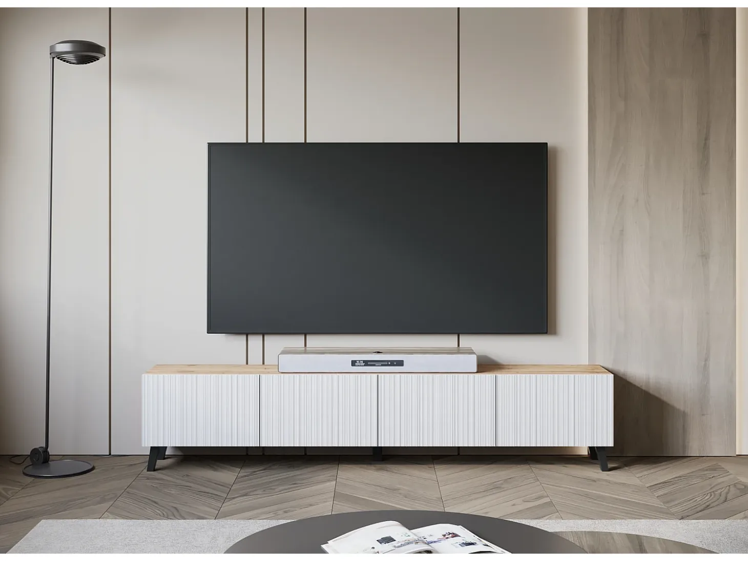 Mueble de TV moderno de 190 cm color artisan con patas para salón, frentes MDF blancos ranurados, 4 puertas abatibles